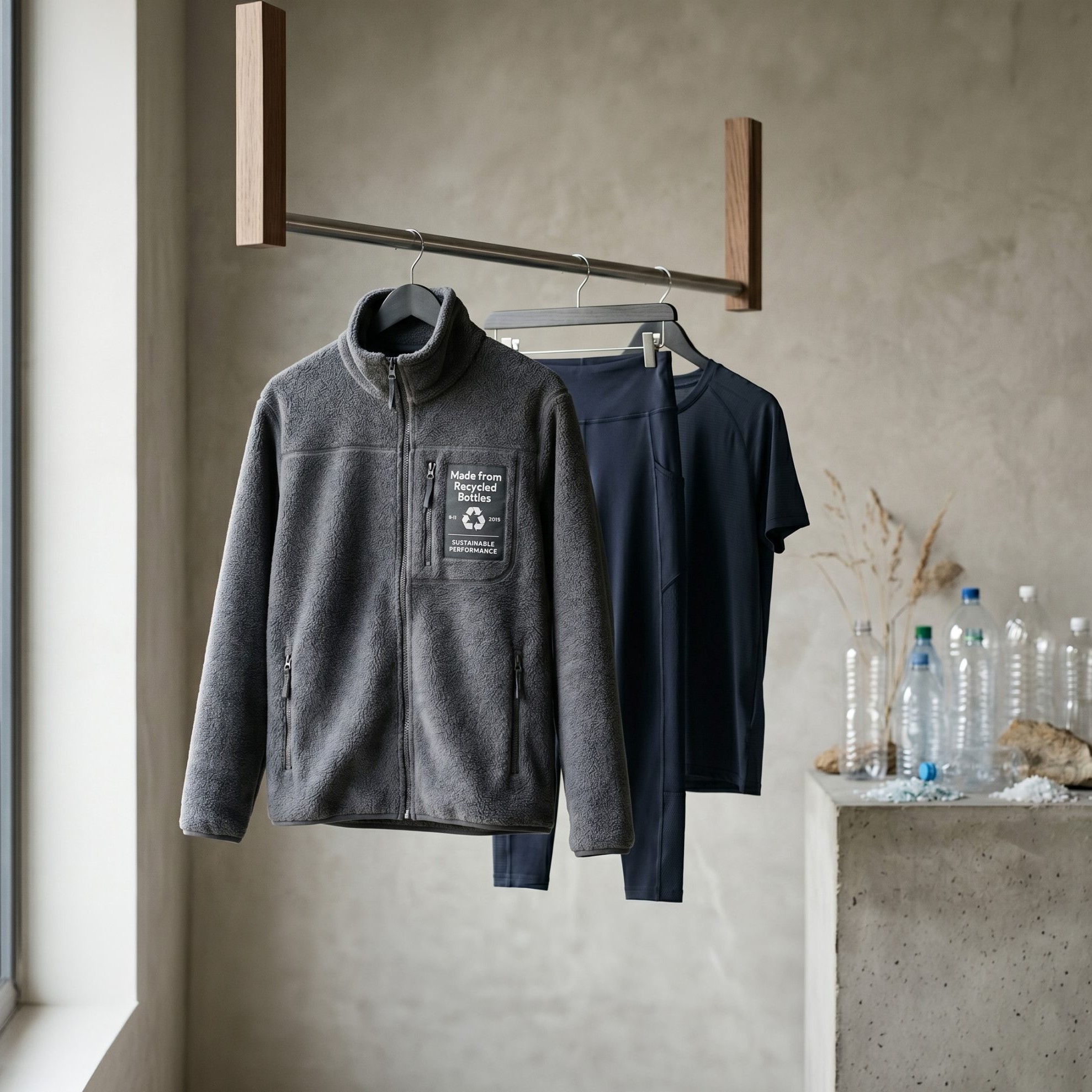 Sustainable clothing made from recycled PET plastic bottles displayed in a modern interior