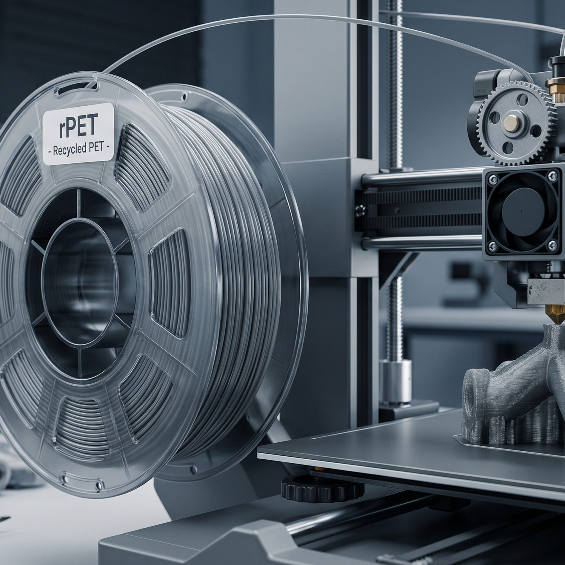Recycled PET filament spool used in a 3D printer for sustainable additive manufacturing