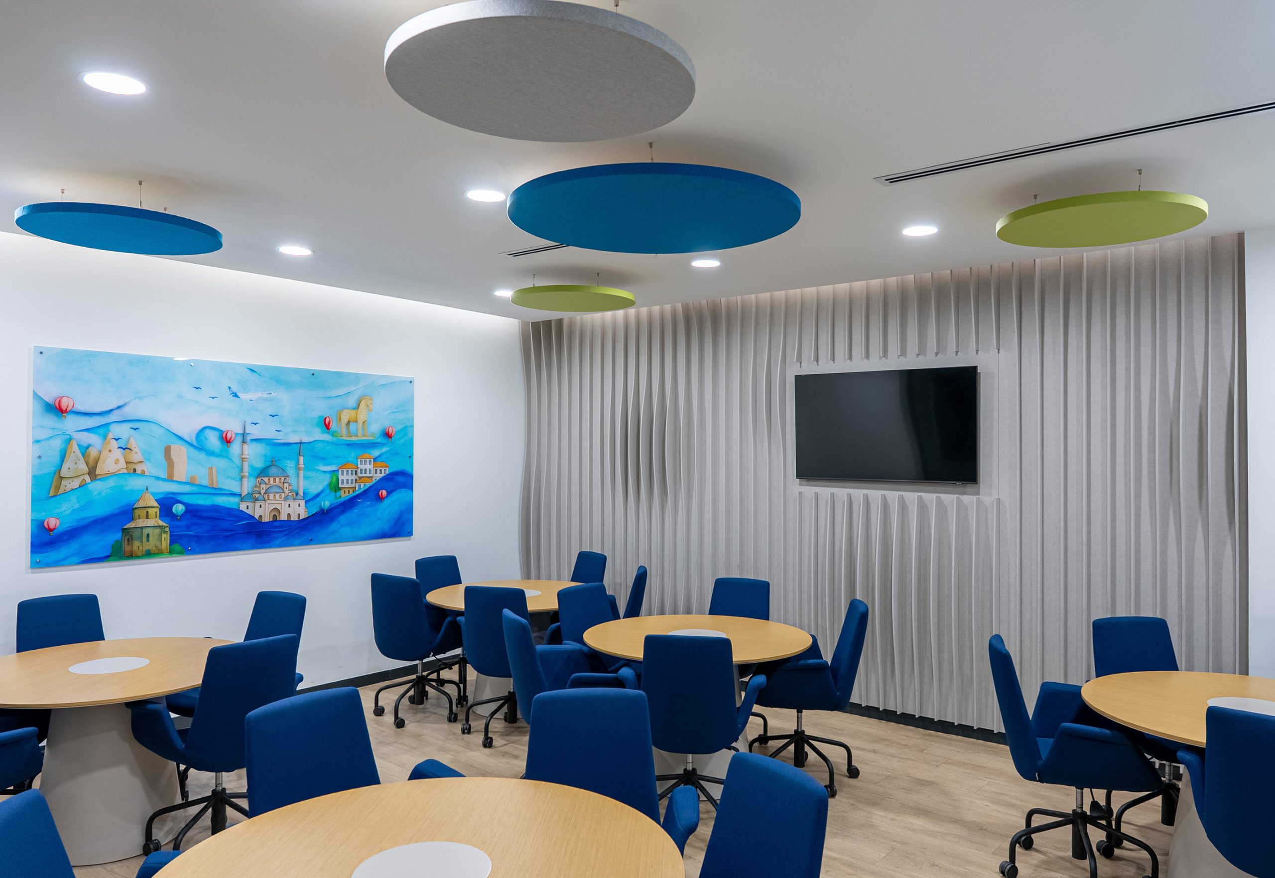 Collaboration area with Feltouch custom acoustic wall panels at the AJet office.