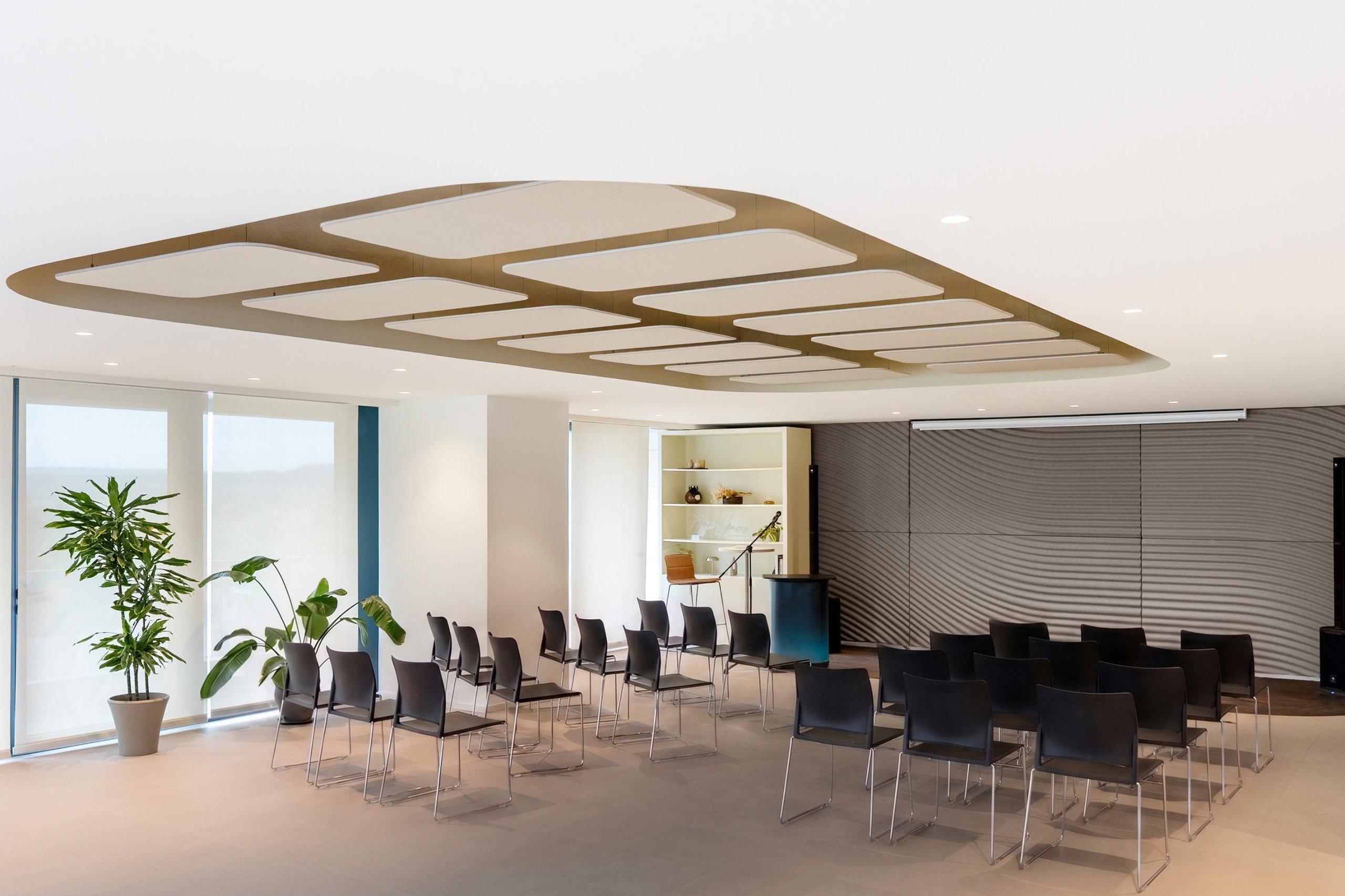 Zen Wall Panel and Flat Cloud acoustic ceiling in a modern meeting space