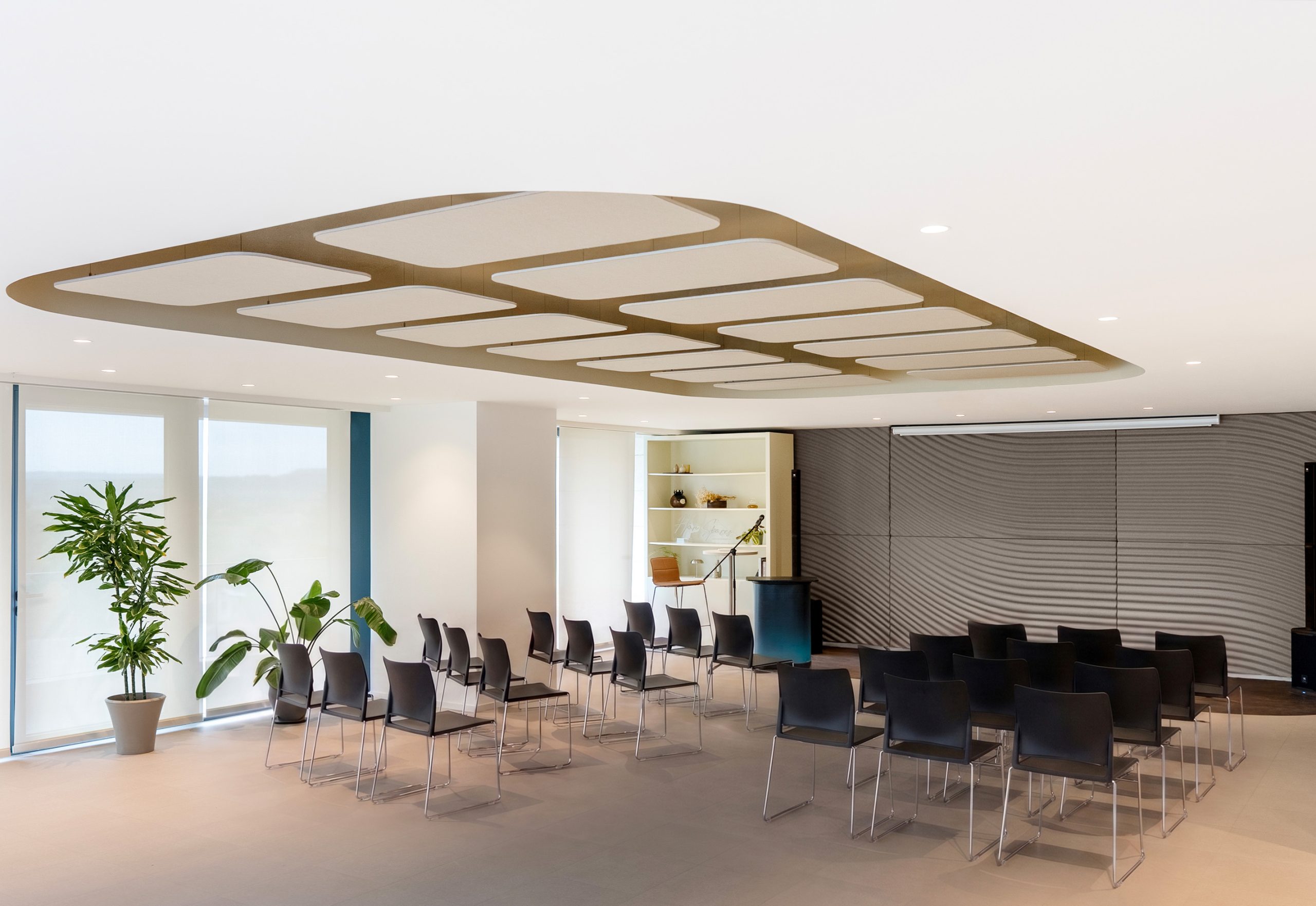 Zen Wall Panel and Flat Cloud acoustic ceiling in a modern meeting space