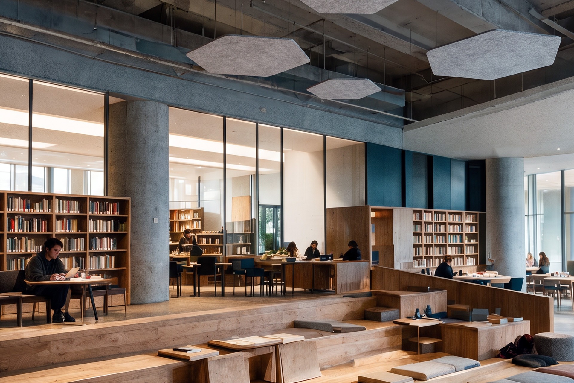 Hexagon Flat Cloud acoustic ceiling panels suspended from the ceiling in a modern café interior