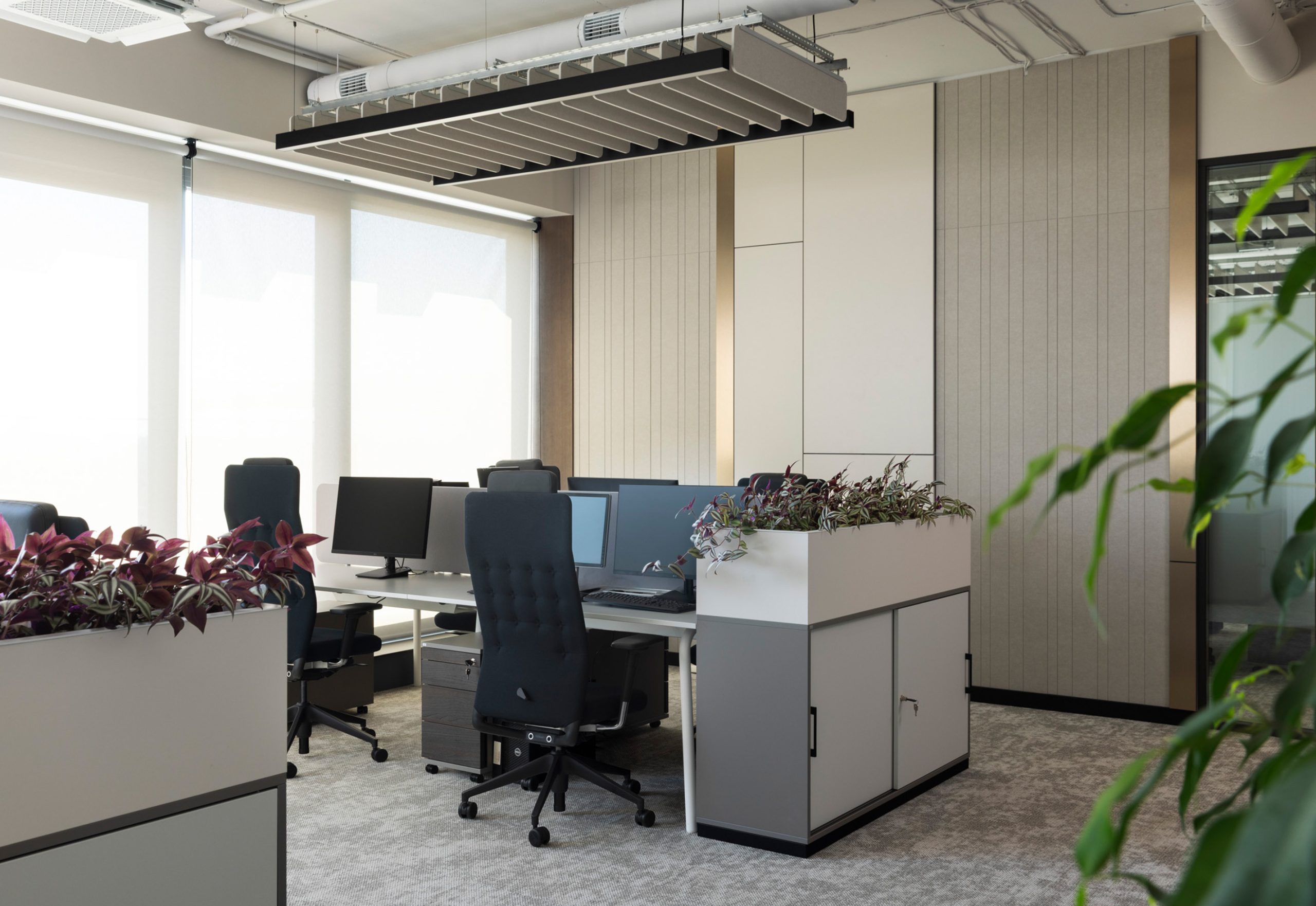 Feltouch Cloud Baffle Tiles acoustic ceiling panels in a Leverage Shares open workspace