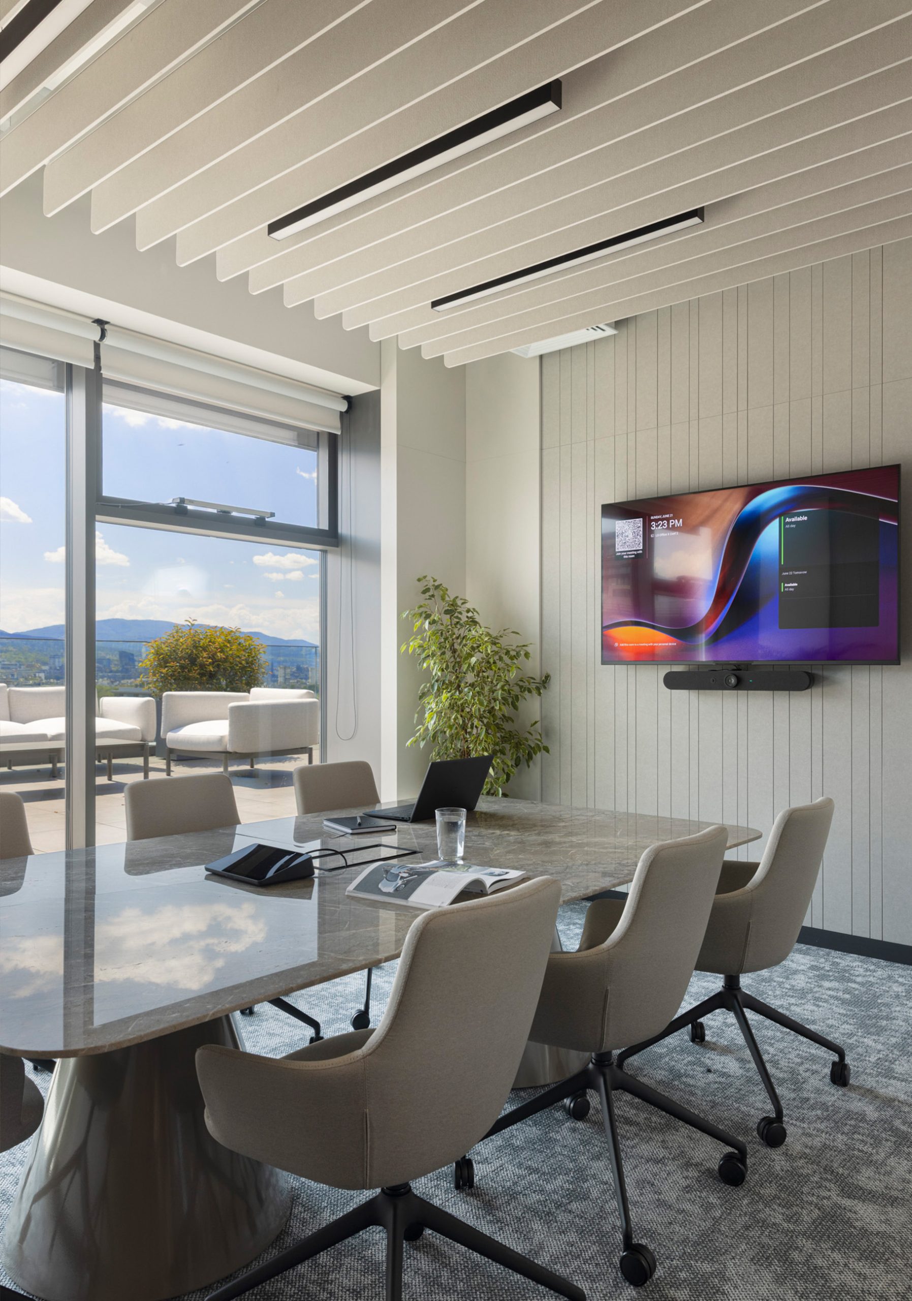 Feltouch Cloud Baffle Tiles acoustic ceiling panels in a Leverage Shares meeting room